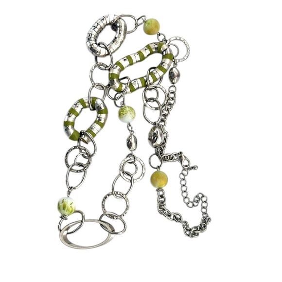 None Jewelry - Silver-tone Chain Beaded Tube Link Necklace 28-35” long adjustable.